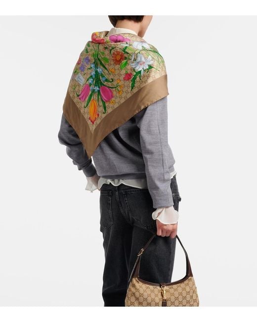 Gucci Green Gg Flora Silk Twill Scarf