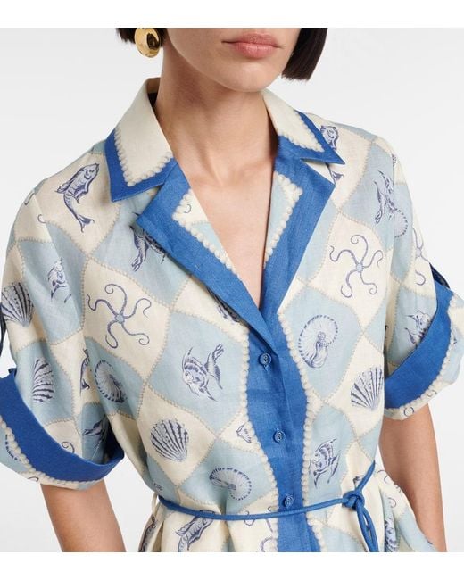 Vestido Camisero Pia De Lino Estampado ALÉMAIS de color Blue