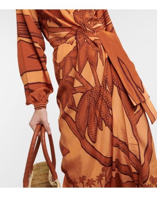 Johanna Ortiz Orange Sociedades Antiguas Printed Silk Crepe De Chine Midi Wrap Dress