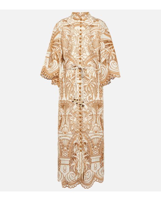 Zimmermann Natural Ginger Belted Embroidered Recycled-broderie Anglaise Midi Dress