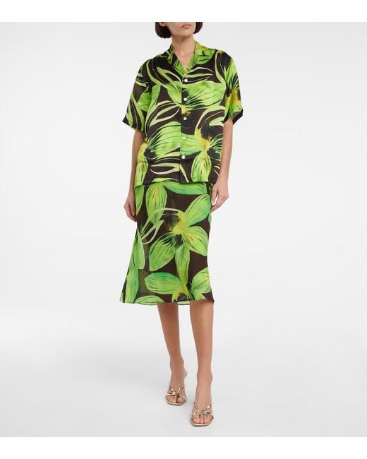 Louisa Ballou Green Printed Cotton And Silk Georgette Midi Skirt