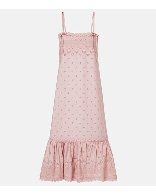 Valentino Pink Broderie Anglaise Silk-Trimmed Cotton Midi Dress