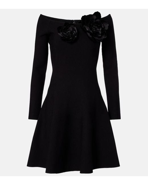 Oscar de la Renta Black Floral-Applique Off-Shoulder Minidress