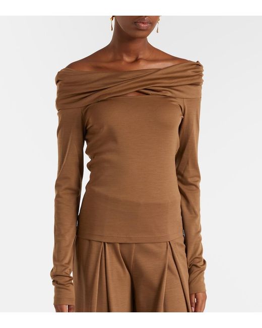 Max Mara Brown Orafo Draped Virgin Wool Top