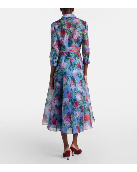 Carolina Herrera Blue Floral Silk Organza Shirt Dress