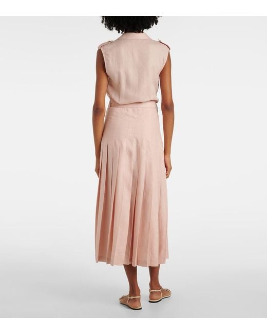 Loro Piana Pink Bryce Pleated Linen Midi Dress