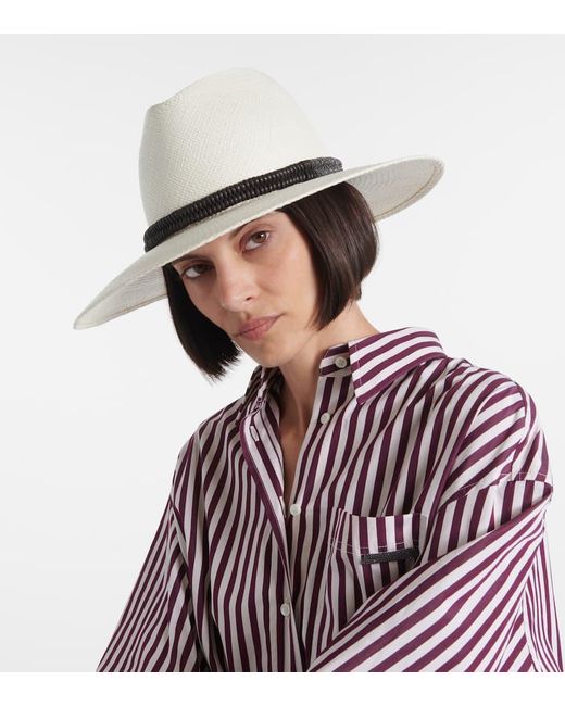 Brunello Cucinelli White Fedora-Hut Aus Stroh Mit Leder