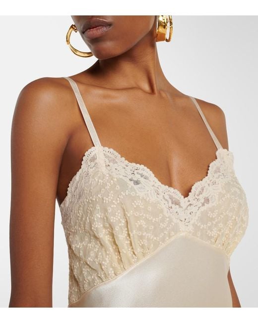 Saint Laurent Natural Lace-Trimmed Silk Satin Slip Dress