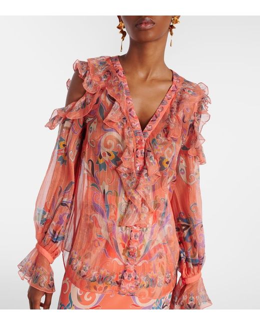 Etro Pink Printed Ruffled Silk Blouse