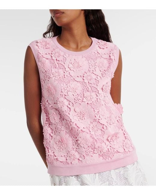Oscar de la Renta Pink Floral Lace-trimmed Silk-blend Top