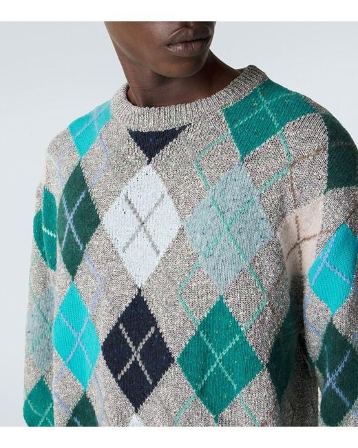 ERL Blue Argyle Wool And Cotton-Blend Sweater for men