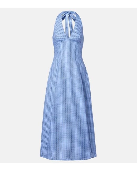 Faithfull The Brand Blue Marais Checked Linen Midi Dress