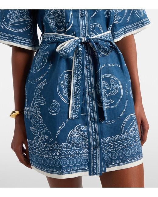 ALÉMAIS Blue Lucky Belted Printed Linen Shirt Dress