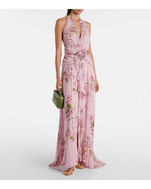 Blumarine Pink Floral Ruffled Georgette Maxi Dress