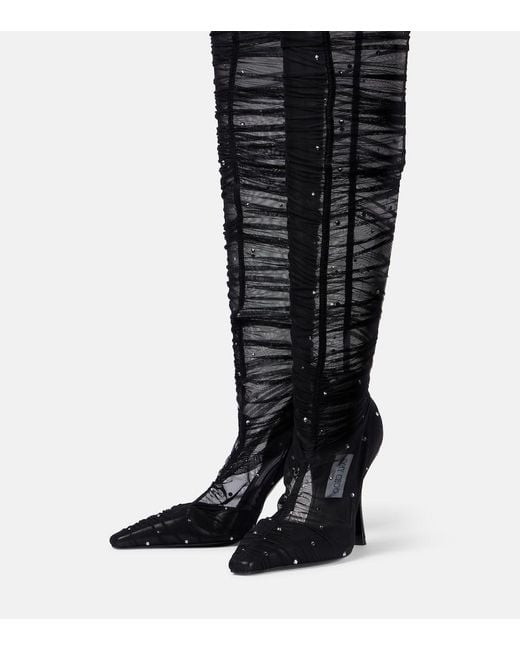 Jimmy Choo Black Lotta 100 Embellished Tulle Over-The-Knee Boots