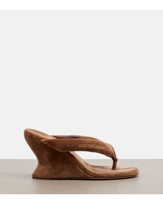 Balenciaga Brown Gaeta Velvet Wedge Thong Sandals