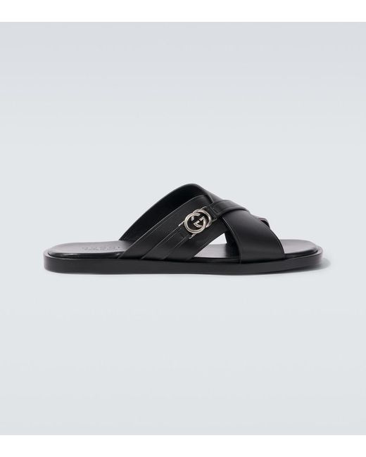 Gucci Black Leather Slides for men
