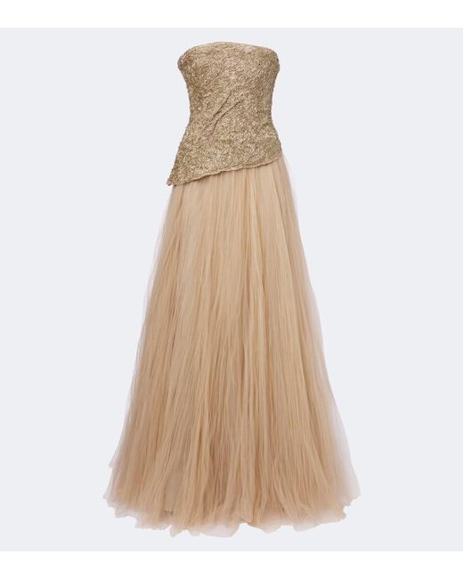 Marmar Halim Natural Embroidered Pleated Tulle Gown