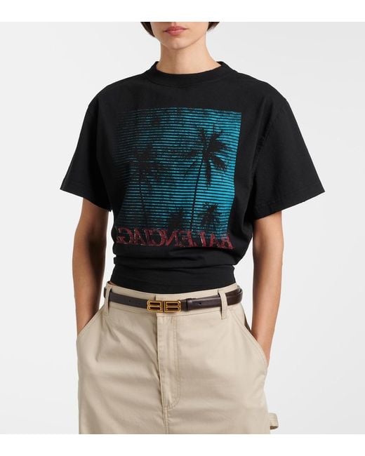 Balenciaga Black Logo Cropped Cotton Jersey T-Shirt
