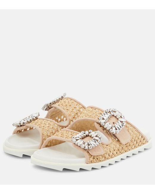 Roger Vivier Natural Flat With Raffia And Crystal Buckles For