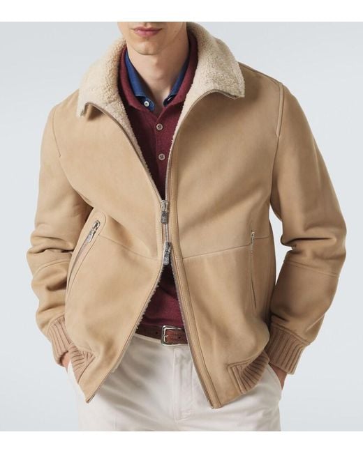 Brunello Cucinelli Natural Shearling-Lined Suede Bomber Jacket for men