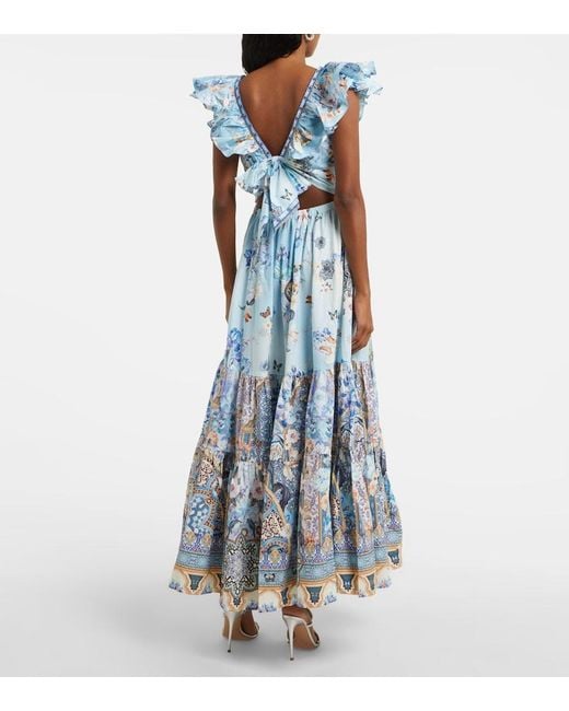 Camilla Blue Ruffled Crystal-Embellished Printed Organic Cotton-Poplin Maxi Dress