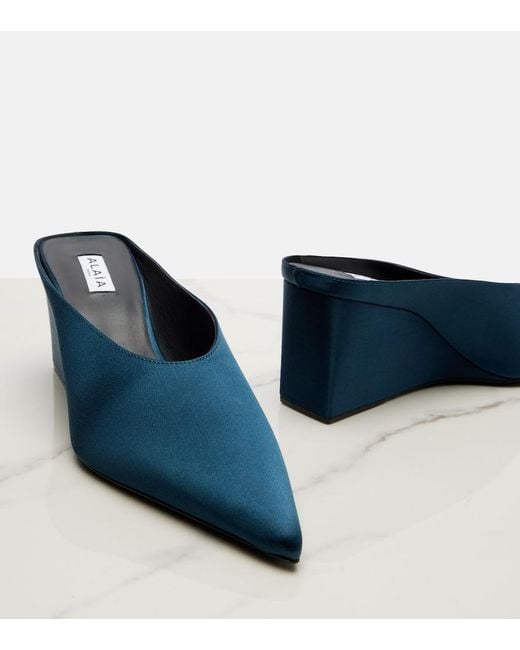 Alaïa Blue Cube Satin Wedge Mules