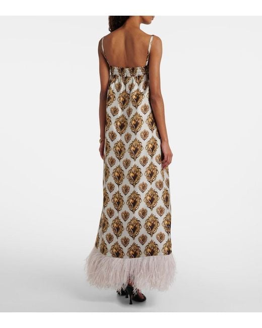 Dolce & Gabbana Natural Feather-Trimmed Printed Silk Maxi Dress