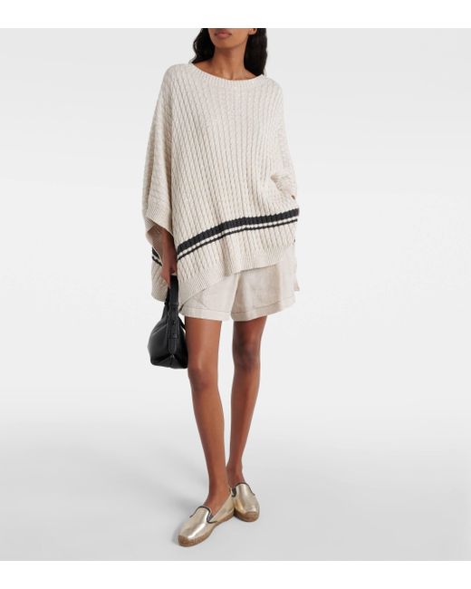 Brunello Cucinelli Natural Sequined Cable-knit Cotton-blend Poncho