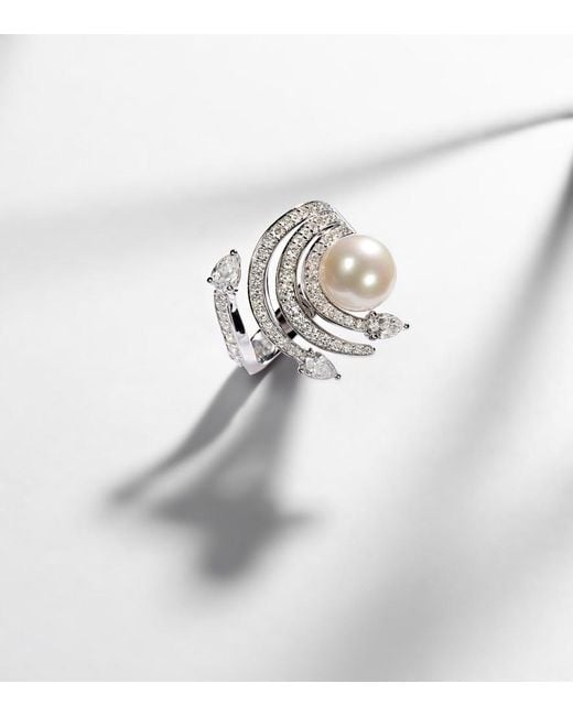YEPREM White Pearlescent 18Kt Ring With Diamonds And Pearl