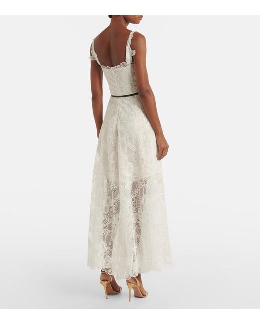 Oscar de la Renta White Marbled Carnation Guipure Lace Bustier Gown
