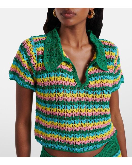 Anna Kosturova Green Striped Crochet Cotton Polo Shirt