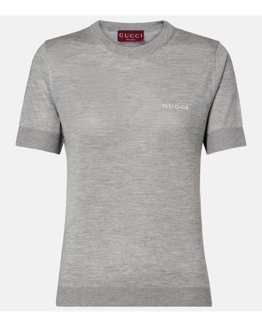 Gucci Gray Logo Knitted Cashmere And Silk T-Shirt
