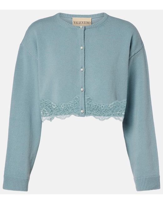 Valentino Blue Lace-Trimmed Cropped Virgin Wool Cardigan