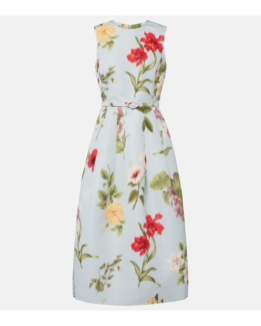 Oscar de la Renta White Belted Floral Faille Cocktail Dress