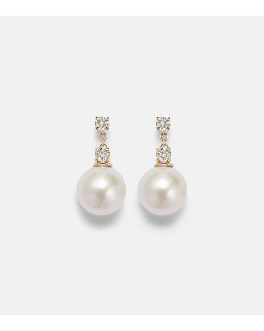 STONE AND STRAND White Essential 14Kt Drop Earrings With Pearls And Diamonds