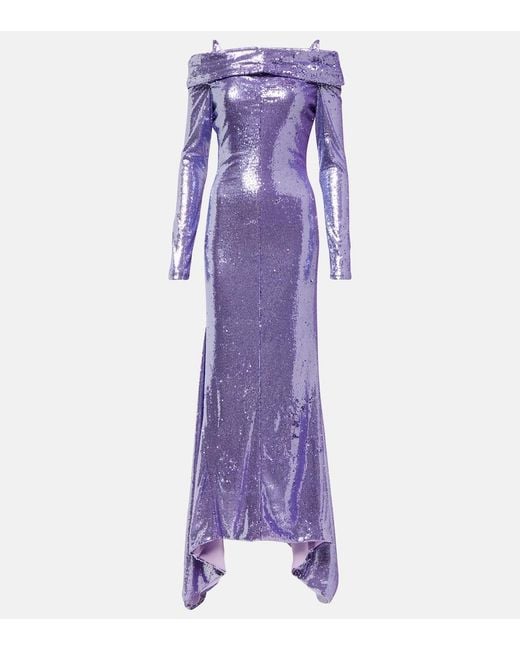 The Attico Purple Fanny Sequined Off-shoulder Gown