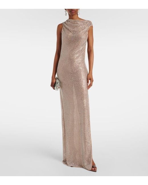 Self-Portrait Metallic Rhinestone Draped Open-Back Maxi Dress