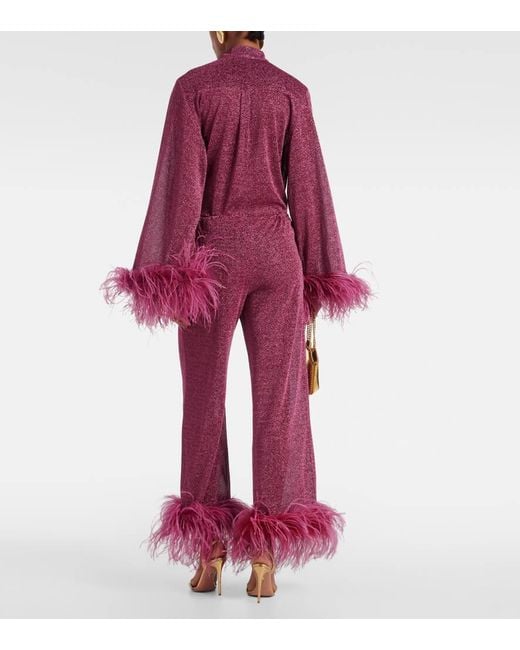Oseree Red Lumiere Plumage Feather-Trimmed Lame Pants