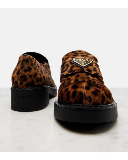 Prada Brown Leopard-Print Calf Hair Penny Loafers
