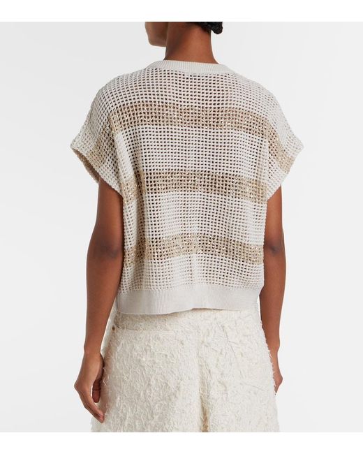 Brunello Cucinelli White Open-Knit Sequined Cotton Sweater