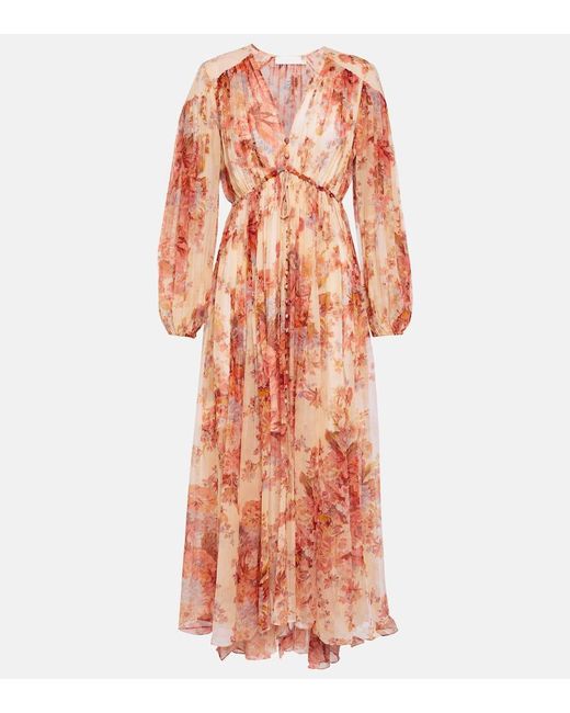 Zimmermann Devi Gathered Floral-print Silk-chiffon Midi Dress in Pink
