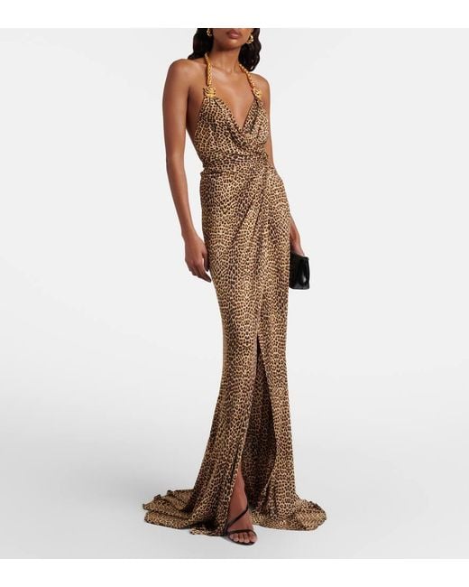 Roberto Cavalli Brown Embellished Open-Back Gown