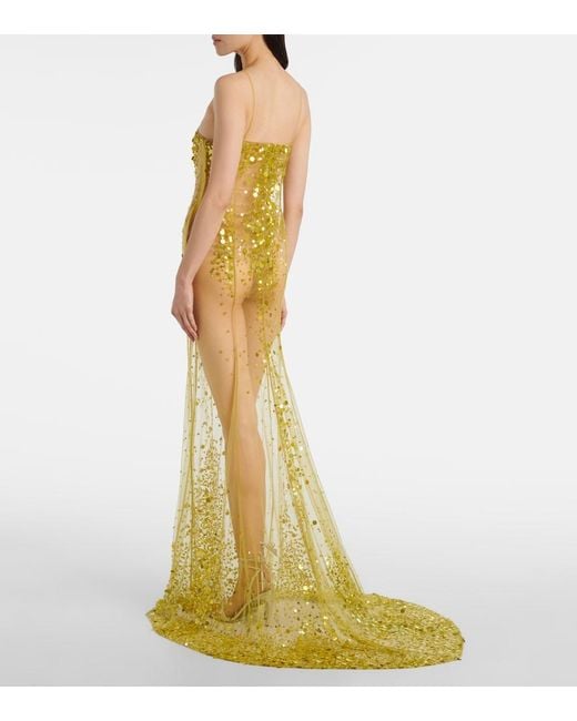 The Attico Yellow Sequined Sheer Mesh Gown