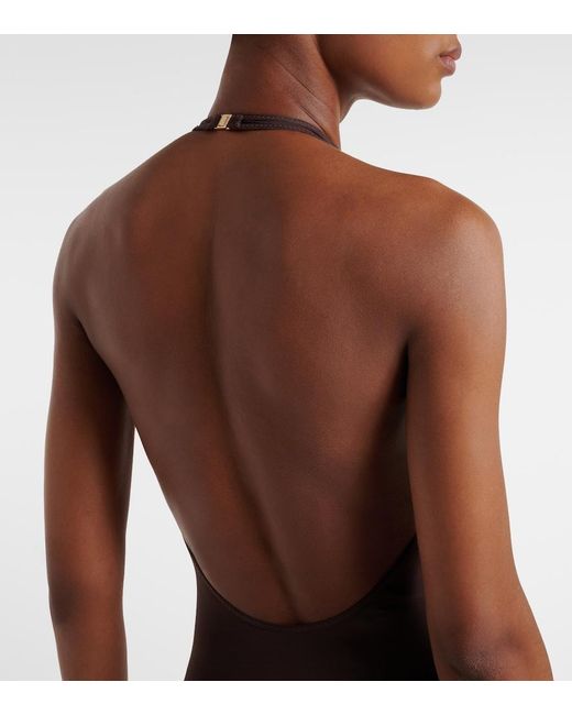 Zimmermann Brown Luna Halterneck Open-Back Bodysuit
