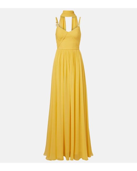 Elie Saab Yellow Embellished Scarf-Detail Silk Gown
