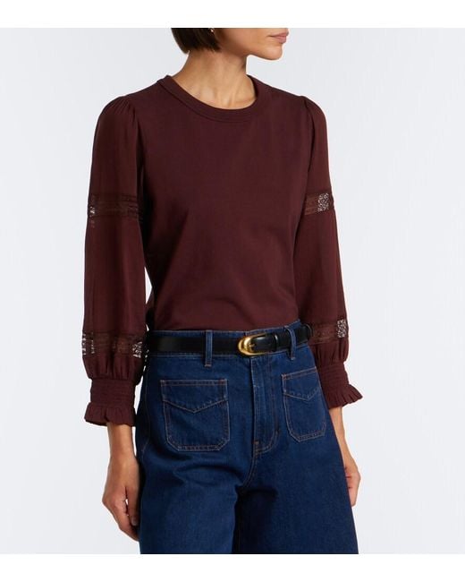 Veronica Beard Purple Bellamie Lace-Trimmed Cotton-Blend Jersey Top