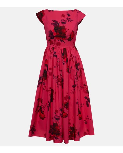 Erdem Red Floral Cotton Faille Midi Dress