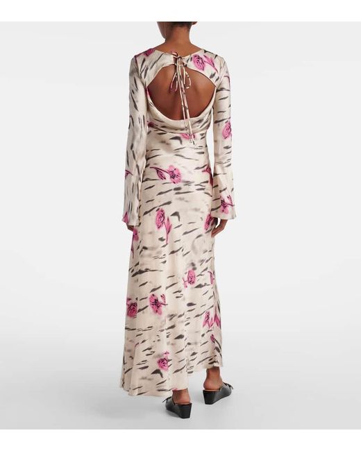 Ganni Natural Floral Open-Back Satin Maxi Dress