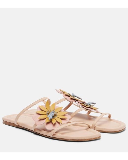 Zimmermann Pink Lilia Floral-Applique Leather Sandals